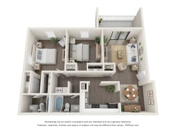 a  two bedroom floor plan at the Fields at Peachtree Apartments in Peachtree Corners, Georgia