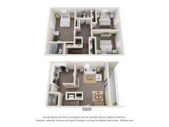 a three  bedroom floor plan at the Fields at Peachtree Apartments in Peachtree Corners, Georgia