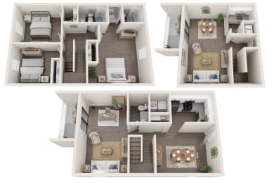 a three  bedroom floor plan at the Fields at Peachtree Apartments in Peachtree Corners, Georgia