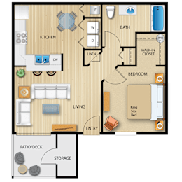 A floor plan of a house showing a kitchen, living room, bedrooms, bathrooms, and storage.