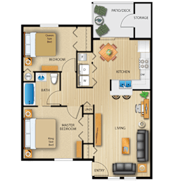 A floor plan of a house with a master bedroom, a queen size bed, a king size bed, a bathroom, a kitchen, a living room, and a storage area.