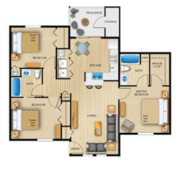 A detailed layout of a house floor plan with labeled rooms and furniture.