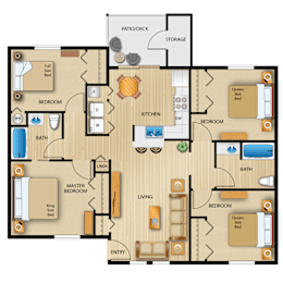 A detailed layout of a house plan with multiple bedrooms, a living room, a kitchen, a bath, and a storage area.
