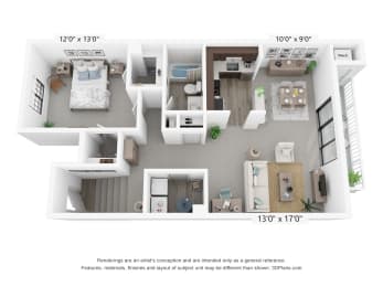  Floor Plan 1 Bedroom - A, F