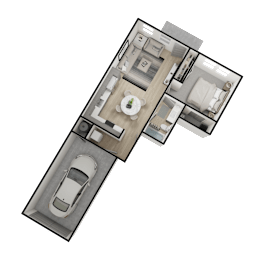A top-down view of a house layout with a car parked in the driveway.