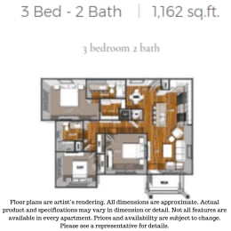 3 Bedroom 2 Bath Floor Plan at La Contessa Luxury Apartments, Texas, 78045