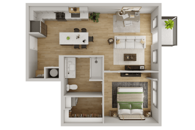 a 3d rendering of a bedroom with a bathroom and a living room