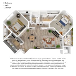 2 bedroom, 2 bathroom 1076 square feet