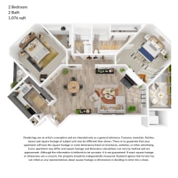 2 bedroom, 2 bathroom 1042 square feet