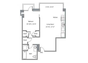A floor plan of a home with a bedroom, living room, kitchen, and bathroom.