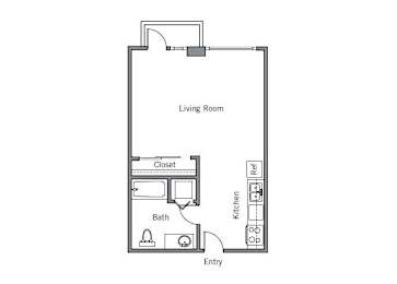 A floor plan of a small apartment with a living room, kitchen, bathroom and closet.