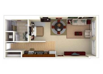 A model of a small apartment with a kitchen, living room, and bedroom.