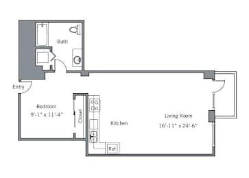 A floor plan of a small apartment with a bedroom, living room, kitchen, and bathroom.