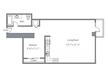 A floor plan of a small apartment with a bedroom, living room, and bathroom.