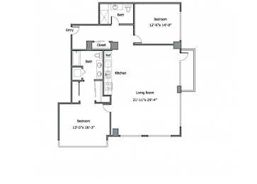 A floor plan of a house with a living room, two bedrooms, a bathroom, a kitchen, and a dining room.