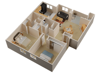 A 3D rendered image of a house layout.