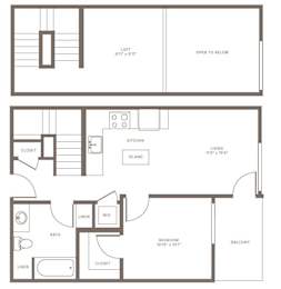 A floor plan of a house with a living room, kitchen, and bathroom.