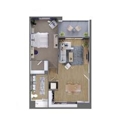 A floor plan of a small apartment with a kitchen, living room, and bathroom.