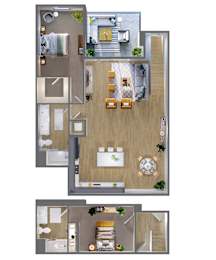 A floor plan of a house with a kitchen, living room, and bathroom.