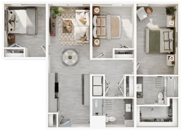 a 3d floor plan of a house with a bedroom and a living room