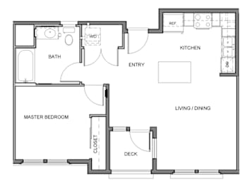 A floor plan of a house with a master bedroom, bathroom, kitchen, and living/dining area.