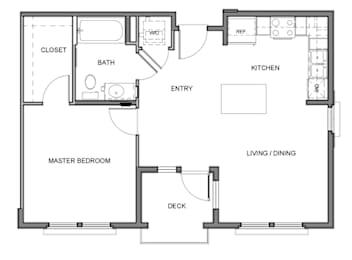 A floor plan of a house with a master bedroom, bathroom, kitchen, living/dining area, and deck.