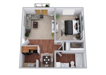 a floor plan of a one bedroom apartment with two bathrooms and a living room with a fireplace