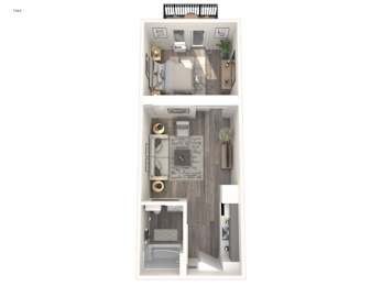 A 1 bedroom apartment layout with a kitchen and living room.
