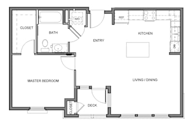 A floor plan of a house with a master bedroom, bathroom, kitchen, living/dining area, and a deck.