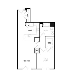 A floor plan of a small apartment with a living and dining area, kitchen, bathroom, and walk-in closet.