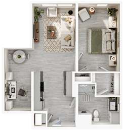 a 3d drawing of a bedroom with a bathroom and a living room