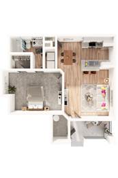 A top-down view of a modern apartment layout.