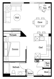 a floor plan of a small house with a bathroom and a kitchen