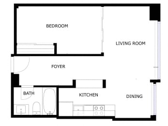 a floor plan of a small apartment with a bedroom and a living room