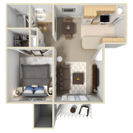 A 3D floor plan of a small apartment with two bedrooms, a living room, and a kitchen.