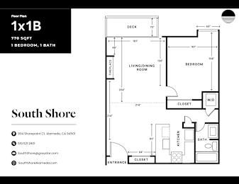 A floor plan with a deck, bath, and living/dining room.