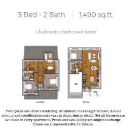 3 Bed 2 Bath Floorplan at La Contessa Luxury Apartments, Laredo, 78045