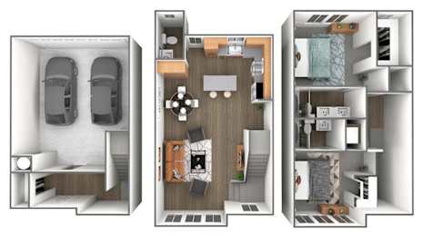 A 3D floor plan of a small apartment with a kitchen, living room, and bedroom.