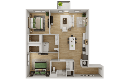 a 3d rendering of a bedroom and living room with a wood floor
