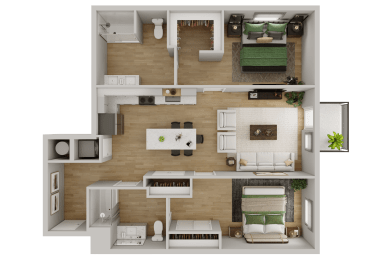 a 3d rendering of a bedroom and living room floor plan