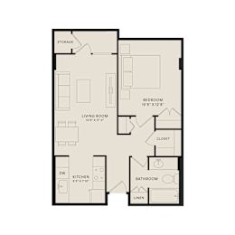 A floor plan of a small apartment with a living room, kitchen, bathroom, and bedroom.