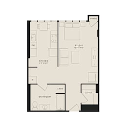 A floor plan of a house with a kitchen, bathroom, and closet.