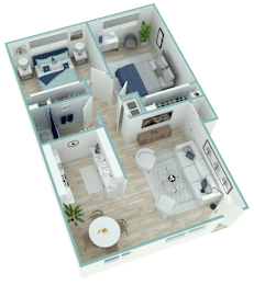 A 3D floor plan of a house showing a kitchen, living room, dining area, and two bedrooms.