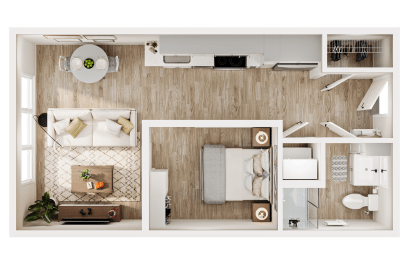 a 1 bedroom floor plan with a bathroom and a living room