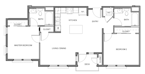 A floor plan of a house with a master bedroom, two bathrooms, a kitchen, a living room, a dining room, a deck, and two bedrooms.