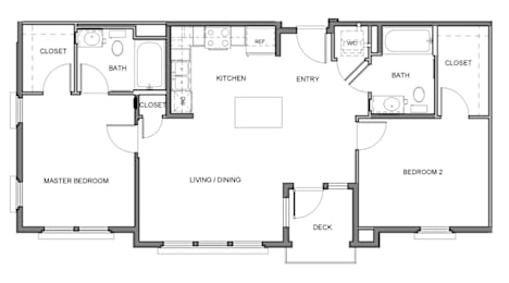 A floor plan of a house with two bedrooms, a living area, a kitchen, a bathroom, and a deck.