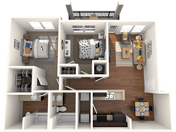 A 3D floor plan of a small apartment with a kitchen, living room, and bathroom.