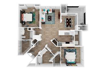A top-down view of a house interior with a kitchen, living room, and bedrooms.
