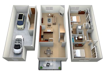 Three different floor plans of a house with a car parked in the driveway.