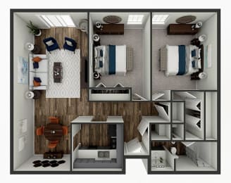 a 3d rendering of a bedroom with a bathroom and a living room